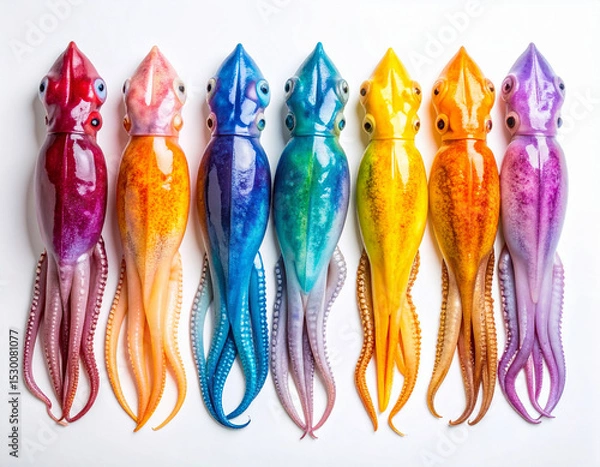 Fototapeta AI generated top view of fresh whole rainbow cuttlefish with iridescent skin and distinctive bone structure arranged neatly showcasing exotic seafood against clean white background