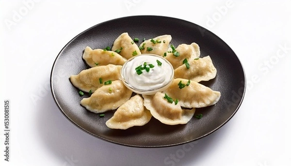 Obraz top view of polish pierogi with sour cream on a dark plate isolated on white background