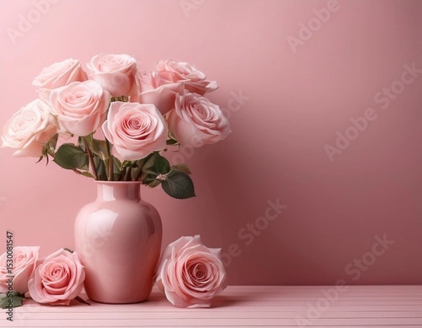Obraz pastel pink roses in a subtle pink vase textured pink backdrop blossom spring pastel