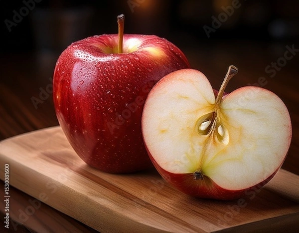 Obraz a vibrant red apple resting on a wooden cutting board with a slice neatly cut off to reveal the bright