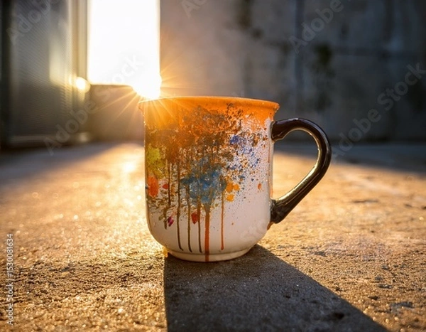 Obraz warm sunlight glow on artistic paint splatter mug urban concrete background