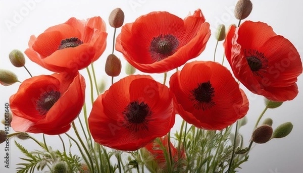 Obraz a cluster of striking red poppies stems visible pure white backdrop flowers rhoeas