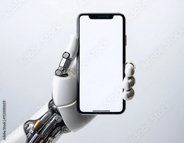 Obraz robot hand holding a bezel less smartphone with a blank white screen white background