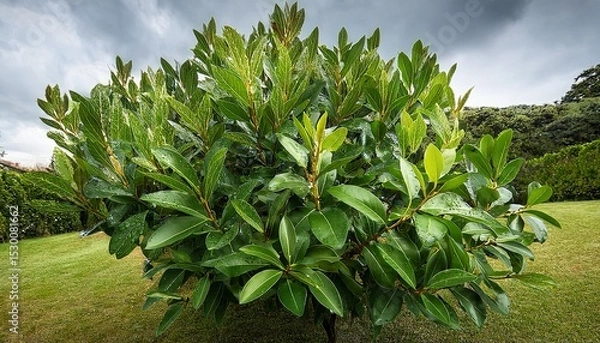 Obraz cherry laurel prunus laurocerasus a dense evergreen shrub or small tree cherry laurel is popular in temperate gardens for creating