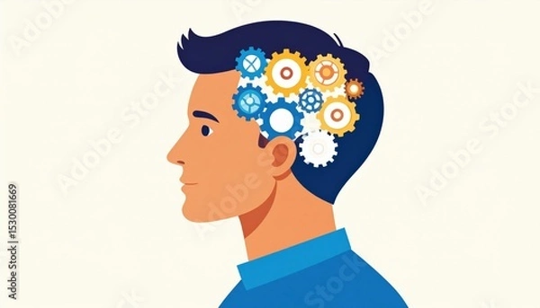 Fototapeta Man Profile View With Gears In Brain Illustration