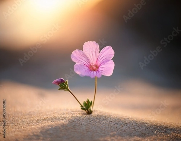 Obraz pink flower growing on sand with blurred background