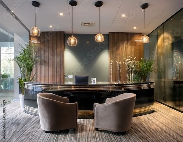 Obraz elegant reception lounge with a glass topped reception desk velvet chairs and modern sconces task lighting highlights the desk while ambient lighting creates