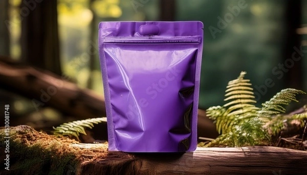 Obraz mockup purple food standing pouch standing on a piece of wood in the forest ai generated images