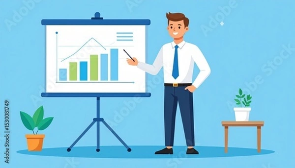 Fototapeta Businessman Presenting Growth Chart in Light Blue Presentation Room