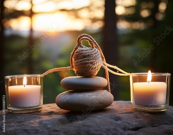 Obraz peaceful meditation stone adorned with rope and candles in nature