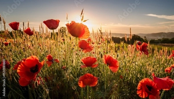Obraz red poppies blooming against a sunlit field