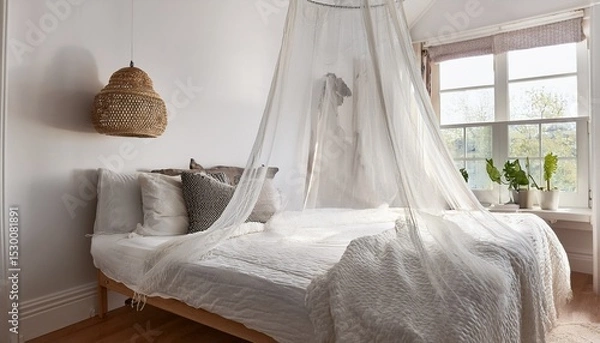 Obraz white mosquito net hanging over a bed in a bright airy bedroom