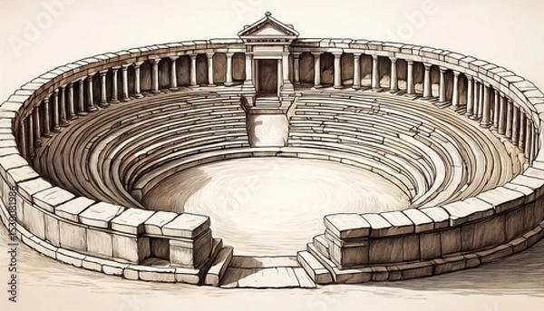 Obraz hand drawn illustration of ancient stone seating structures in a circular layout