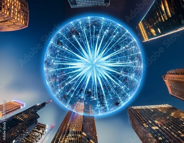 Obraz spiky ball buildings light sphere expanding with energy in city at night possibly for visual effect