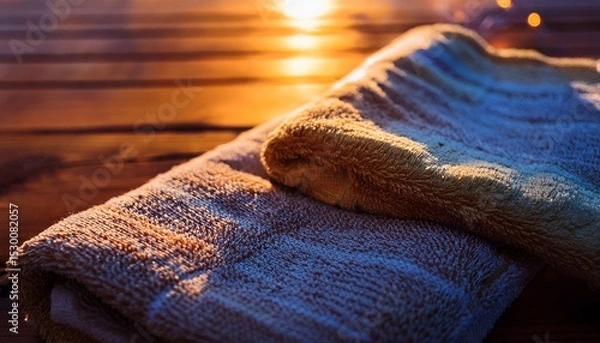 Obraz warm sunlight glow on hand towel macro wood texture neon lights reflection