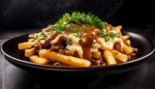 Obraz gourmet poutine on a black ceramic plate garnished with fresh parsley and coarse black pepper on top thick fries with premium melted cheese and thick gravy ai generated images