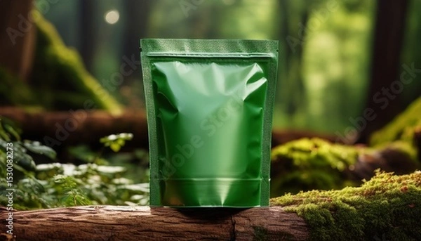 Obraz mockup green food standing pouch standing on a piece of wood in the forest ai generated images