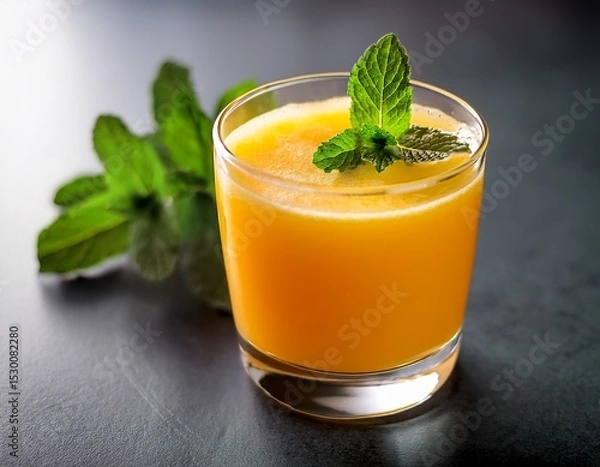 Obraz a refreshing glass of orange juice garnished with a mint sprig tasty beverage food