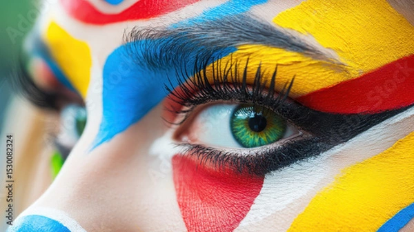 Obraz Extreme closeup of a woman with colorful face paint. in yellows, reds, and blues. Green eyes.