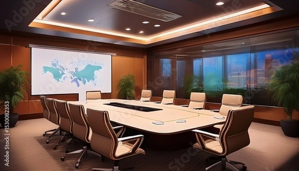 Obraz ai assisted boardroom with interactive projectors smart whiteboards and ergonomic conference seating the room is designed for high level meetings
