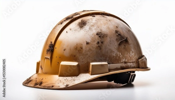 Obraz worn construction helmet with visible scratches and dust isolated on a white background