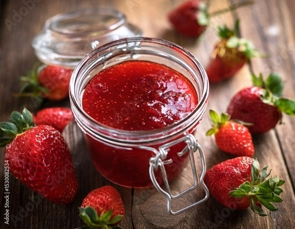 Obraz fresh strawberry jam in jar surrounded by ripe strawberries on rustic wooden table evoking sense of homemade goodness and natural sweetness