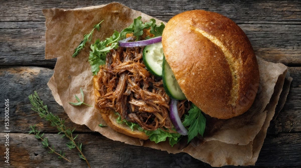 Obraz A top-down image of a pulled pork sandwich on a brioche homemade bun. Cucumbers, onions, and lettuce. It is resting on a vintage wooden table.