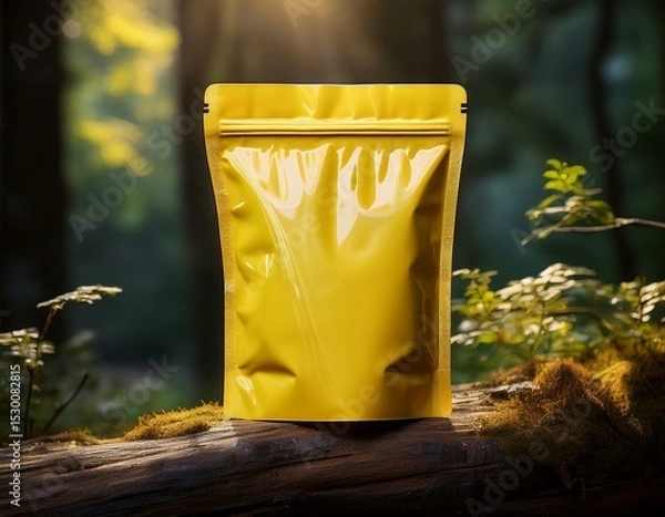 Obraz mockup yellow food standing pouch standing on a piece of wood in the forest ai generated images