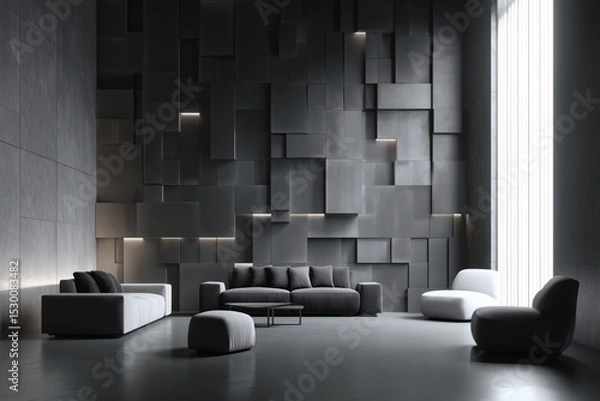 Fototapeta Sophisticated living room featuring a gray geometric wall design, matching sofas, and a sleek, modern aesthetic with ample natural light.