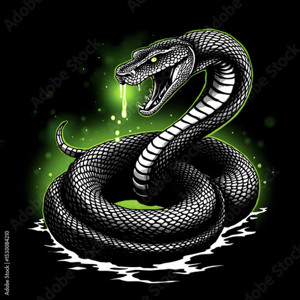 Fototapeta A high-contrast, graphic t-shirt design depicts a coiled viper poised to strike, aggressively angled towards the viewer. 
