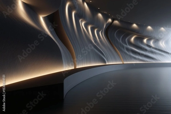 Fototapeta Abstract architecture: Smooth curved wall with embedded lighting creates a modern and dynamic interior space.