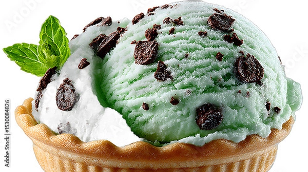 Fototapeta Mint Chocolate Chip Ice Cream in Waffle Cone with Mint Leaf Garnish