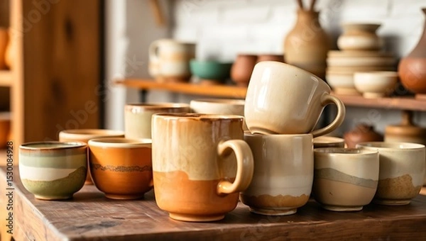 Fototapeta "Closeup of Handmade Ceramic Cups on Display for Sale"