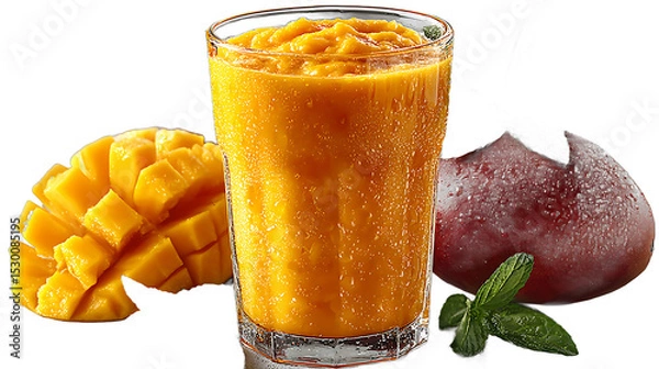 Fototapeta Refreshing Mango Smoothie in Glass with Fresh Fruit Pieces