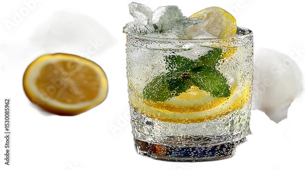 Fototapeta Refreshing Lemon Mint Sparkling Drink in Glass