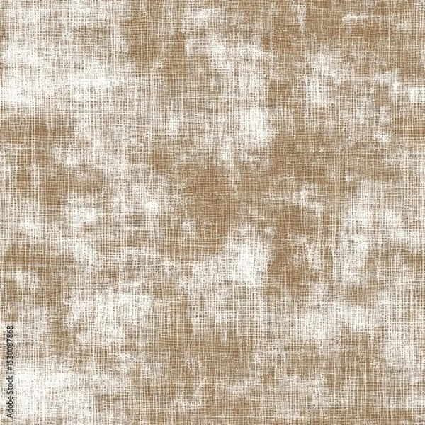 Fototapeta A highly detailed, seamless, and tileable texture of woven fabric, possibly burlap or linen, with a distressed, abstract white pattern overlaying a warm brown background.