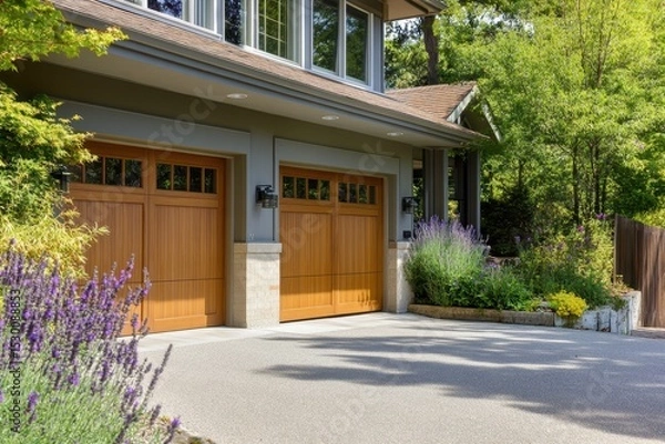 Obraz Concrete Driveways. Exterior of House with Covered Parking and Wooden Garage Doors