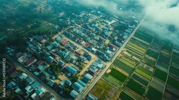 Obraz City Planning Top View. Serene Countryside Village with Misty Mountains in Rural Thailand