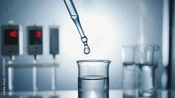 Fototapeta Laboratory Experiment with Pipette Dropping Liquid into Glass Beaker in Scientific Research Environment