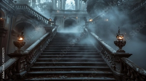 Obraz Mysterious stairs to a forgotten mansion, shrouded in mist and the glow of lanterns