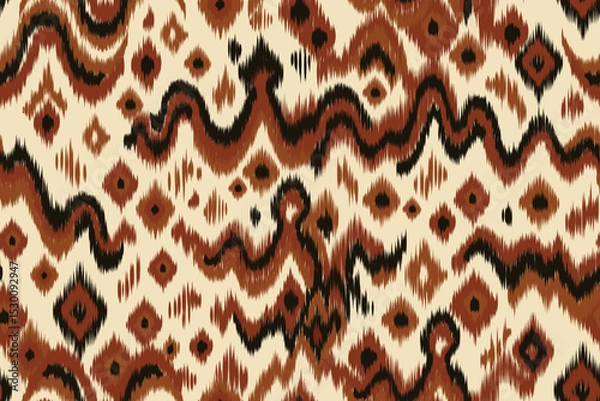 Obraz Tribal ikat pattern with abstract ethnic motifs and bold zigzag shapes in earthy rust, black and beige tones, seamless textile design for fabric, wallpaper, backgrounds, and home decor.