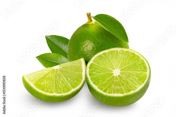 Obraz Fresh lime with cut in half and leaves isolated on white background.