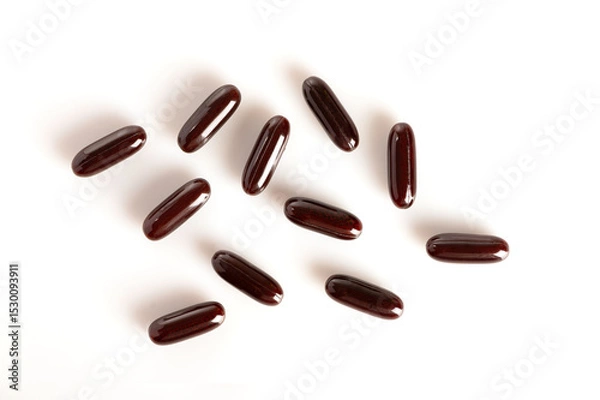 Obraz Supplement soft gel capsules isolated on white background. Top view
