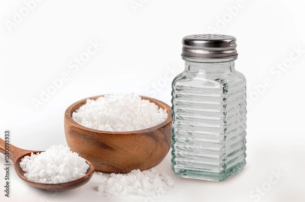 Obraz Salt shaker with salt in wooden bowl isolated on white background.