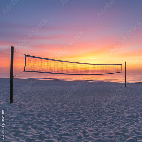 Fototapeta A volleyball net silhouetted on a sandy beach against a beautiful, colorful sunset. A serene scene of summer, vacation, and leisure.
