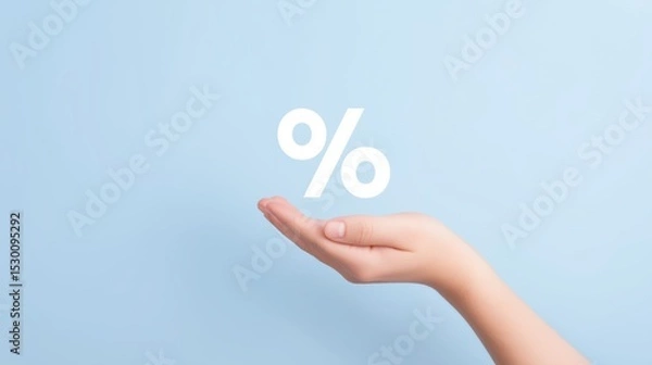 Fototapeta Hand offers percentage symbol on light blue background while conveying a sense of finance or discount concept.