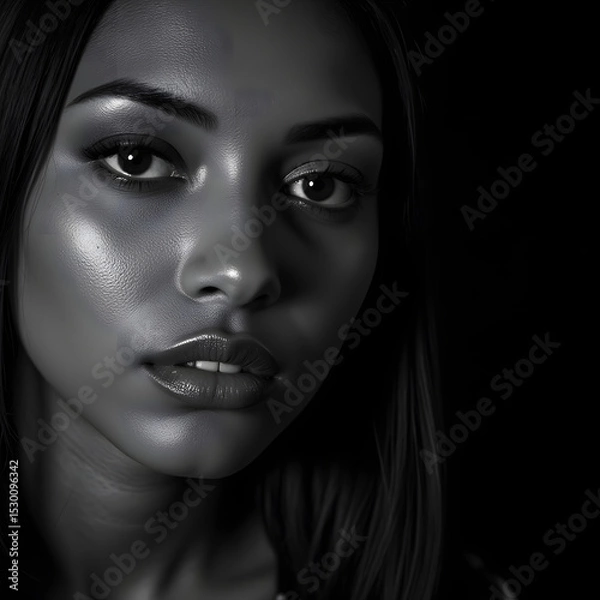 Fototapeta Black-and-white close-up of a face, showcasing glossy lips, textured skin, and a striking gaze under artful lighting.