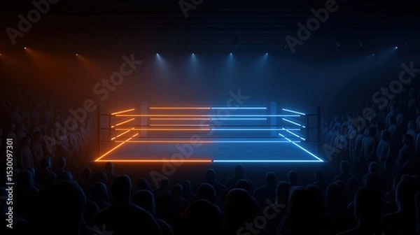 Fototapeta Brightly lit wrestling ring with energetic crowd in a dramatic setting at night in a large arena.