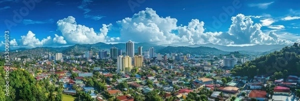 Obraz Caribbean Trinidad: Aerial View of Port of Spain Cityscape with Urban Architecture and Skyline Panorama