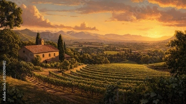 Obraz California Vineyards. Sunset Views of Sonoma Vinery and Winery amidst Green Vine-Growing Fields